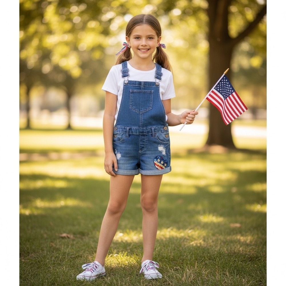 Girls Denim Shortalls Medium Wash Distressed American Flag Sequin Heart Overalls